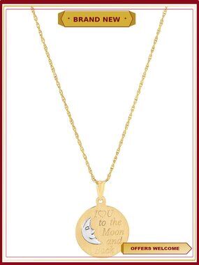 10K Gold Moon and Back Pendant Necklace with White Gold Moon Face, 18" Chain